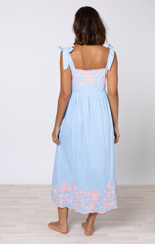 The Shoulder Dress w/ Butterfly Embroidery-Blue & Neon Pink