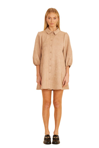 Faux Suede Puff Sleeve Shirt Dress