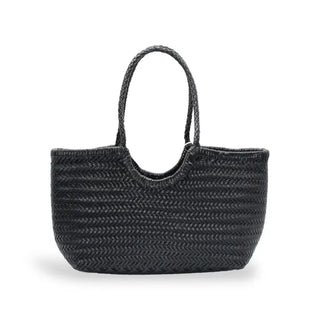 Handwoven U Shape Leather Tote Bag- Black