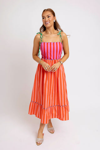 color block maxi dress Summers Sunset Dress, Pink Multi Small flowy fabric Fully lined True to size fit Fabric Chic Color Block Maxi Dress