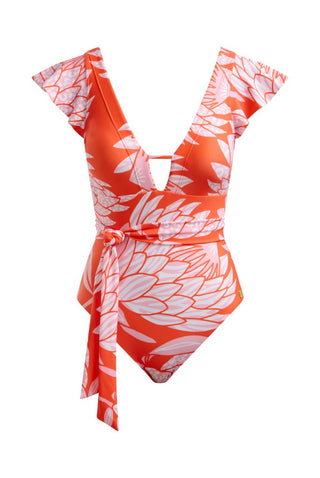 Flutter Sleeve Swimsuit-Coral Protea
