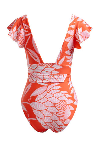 Flutter Sleeve Swimsuit-Coral Protea